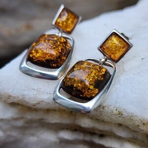VINTAGE AMBER DROP DANGLE LONG EARRINGS 925 STERLING SILVER